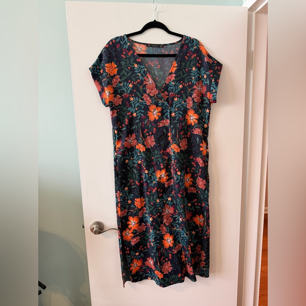 Zara navy and bright tropical floral double breasted shift midi dress with slit